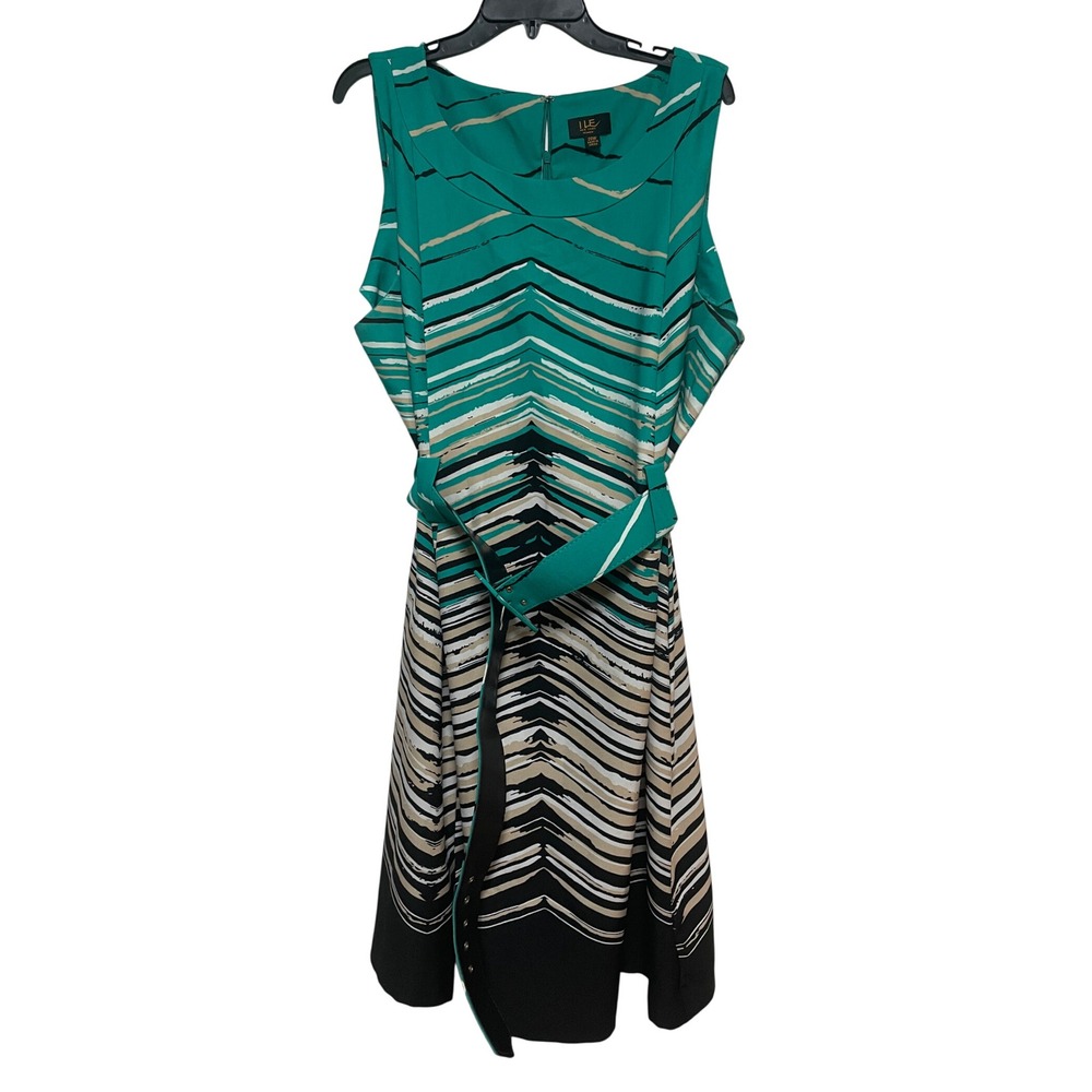 ILE New York Women's Dress 20W Plus‎ Size Green Black Striped Sleeveless Belted